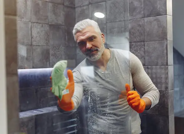 A man wearing orange rubber gloves cleans a shower screen with a cloth.
